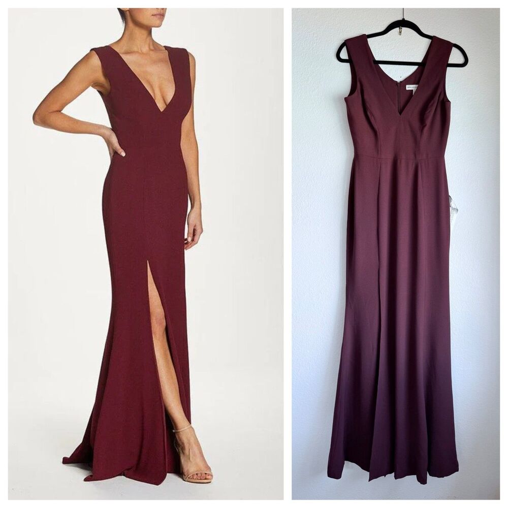 NWT Dress the Population Sandra Sleeveless V-Neck Plunge Gown in Burgundy Red S